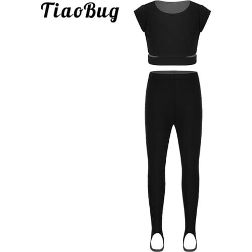 Kids Girls Cap Sleeve Yoga Gymnastics Ballet Dancewear Crop Tops and Stirrup Pantyhose Stockings Leggings Tights Dance Pants Set
