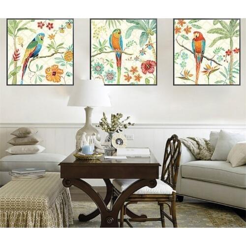 HAOCHU Coconut Tree Flower Parrot Animals Print Canvas Painting Pastoral Wall Poster Nordic Decoration for Living Room No Frame