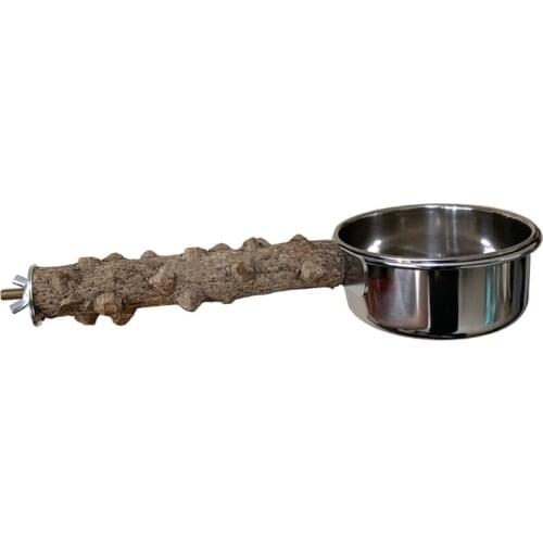 Parrot Bird Cage Perch Natural Wooden Stand Stick with Stainless Steel Food Dishes Bowl Feeder Cup for Parakeet GXMA