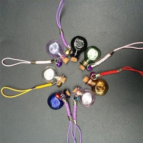 Mini Glass Oblate Bottles Color Pendant with Key Chains Mini Bell Braided Nylon Rope Chains Jars Glass Pendants Mixed Color 7pcs