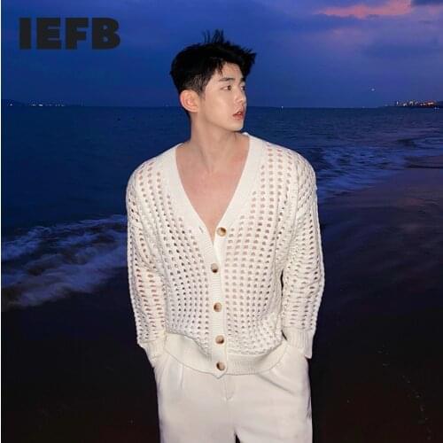 IEFB Mens Thin Hollow Out Sweater Cardigan Coat Man Women Korean 2021 Spring Summer Streetwear Vintage Knitwear V-neck Tops