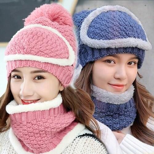 New Women Hat & Scarf & Face mask Set Winter Hat High Quality Add Fur Lined Flanging Cap Female Stylish Wool Beanie Hat Warm Thi