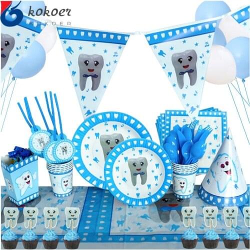 Boy Kids First Tooth Party Disposable Tableware Baby Teeth Pattern Paper Cups Plates Napkins blue Theme Party Supplies Decorate