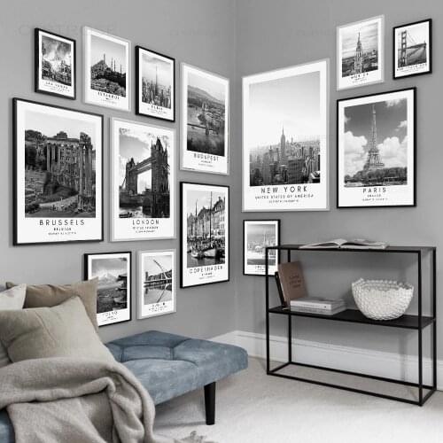 Paris London Budapest Travel Posters and Prints, Black and White Coordinates Wall Art Canvas Painting Wall Pictures Home Decor