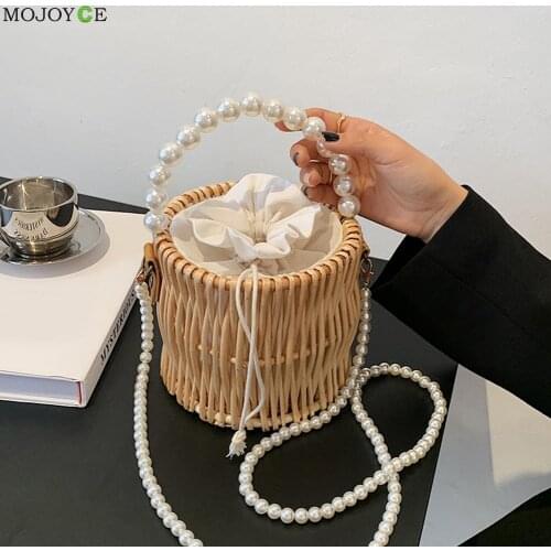 Retro Women Rattan Woven Handbags Basket Pearl Top-handle Shoulder Crossbody Bag Small Straw Bucket Lady Travel Purses Handbags