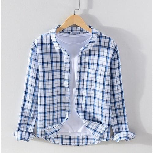 Plaid Long Leeve Shirt for Men Cotton Linen Turn-down Collar Tops Male Fashion Casual Button Up Vintage Clothing