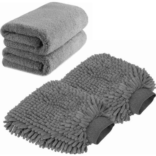 Large Size Car Wash Mitt - Premium Chenille Microfiber Wash Glove and Microfiber Towels - Lint Free - Scratch Free (2X Towels