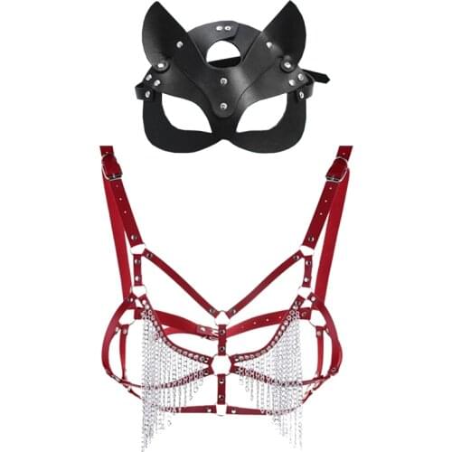 Sexy leather body chain bra metal chain tassel bikini vest shoulder strap mask worn by ladies