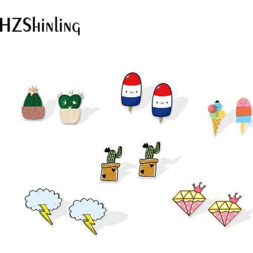 2019 New Cute Ice Cream Popsicle Acrylic Earring Cartoon Plants Cactus Flowers Resin Earring Epoxy Stud Earrings