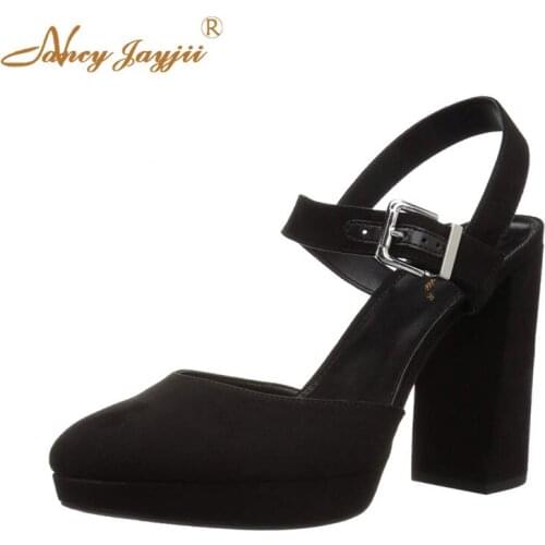 Female Shoes Woman Ladies Sandals Flock Black solid Front&Rear Strap Pointed Toe Ankle-Wrap Buckle Super High Square heels2019