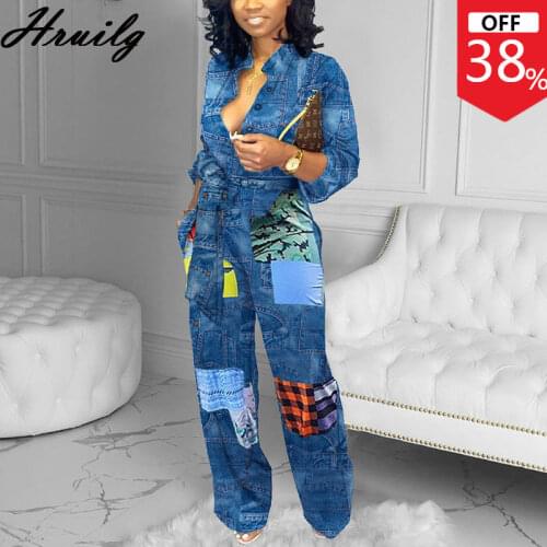 Woman Clothes Imitation Denim Print Loose Belt Wide Leg Casual Slim Fashion New Rompers Womens Jumpsuit Button Pocket Jeans