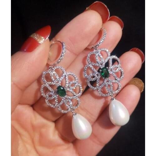 S925 Silver Post Luxury AAA+ Emerald Green Zircon Flower Earrings Fashion Hoop Earrings For Women Bride Wedding Party Jewelry