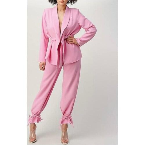 Free Shipping 2021 Autumn Winter New Fashion Stylish Women Pink Suits Chic Set Elegant Formal Blazer Long Pants Two Pieces Set