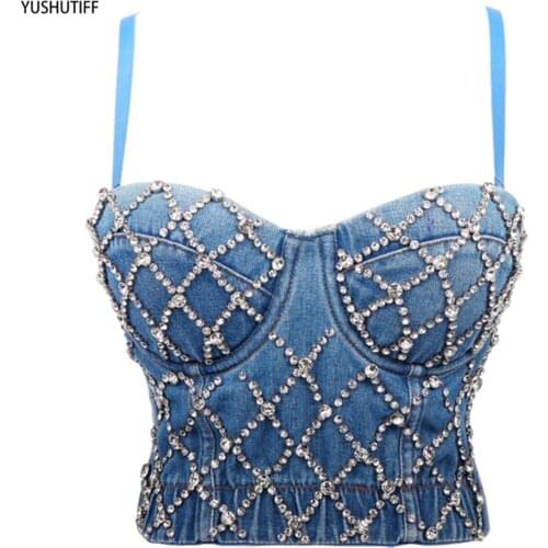 New Autumn Denim Beading Diamond Cropped Sexy Push Up Bra Corset Tops Female Performance To Wear Out Camis Crop Ropa Mujer DB972