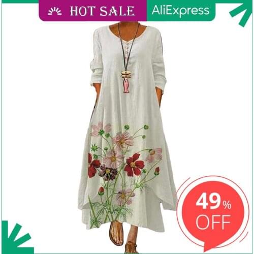 2021 Elegant Flowers Print Long Sleeve Spring Summer Dresses Casual O Neck Loose Women Dress Vintage Party Vestidos Long Dresses