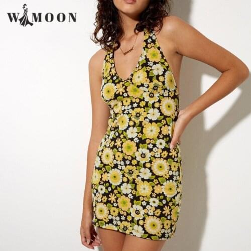 2021 Summer New Womens Fashion Vintage Print Sexy Above Knee V-Neck Tank Hang neck Backless Pencil Dress Women