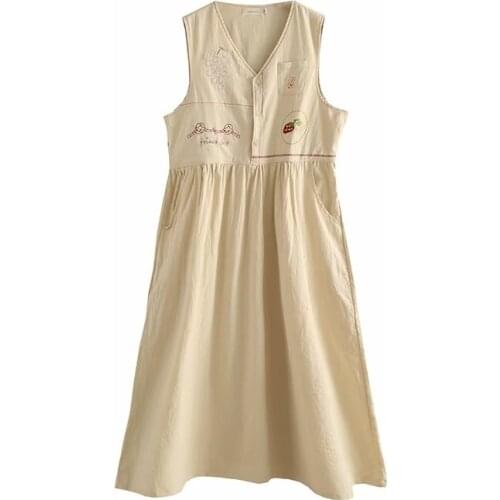 Women Tank Dress Cartoon Strawberry Embridery A-line Dreses Sleeveless V-nck Mori Girl Style Hight Waist Knee Length Dress