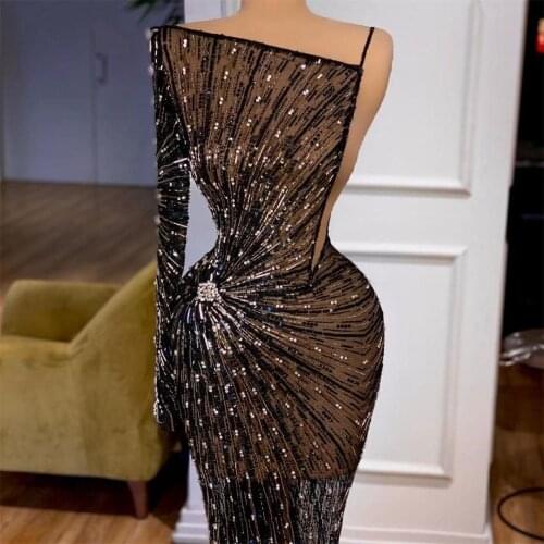 2021 Sexy Black Evening Dress Sequins See Thru Prom Gowns Women Formal Wear Second Reception Gowns