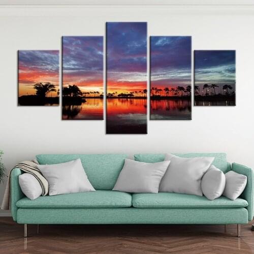 5 Pieces Wall Art Sunset Lake Landscape Canvas Painting Picture for Living Room Home Decoration