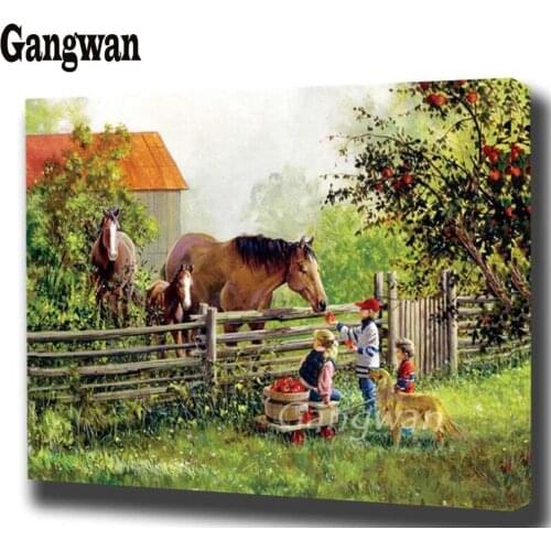 DIY cross stitch mosaic diamond painting horse village farm view pattern full sets 5D Square/Round Full Drill Rhinestone decor