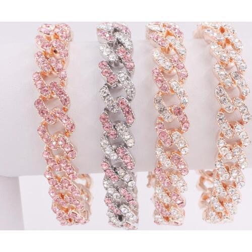 Iced out bling 12mm Rose gold silver color pink crystal bubble miami cuban hip hop chain bracelets men women rap rock party punk