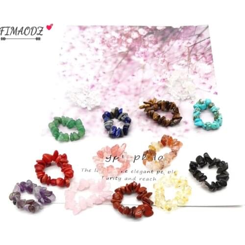 FIMAODZ Reiki Natural Stone Rings for Women 7 Chakra Healing Multi Color Chipped Gravel Beads Elastic Ring Jewelry