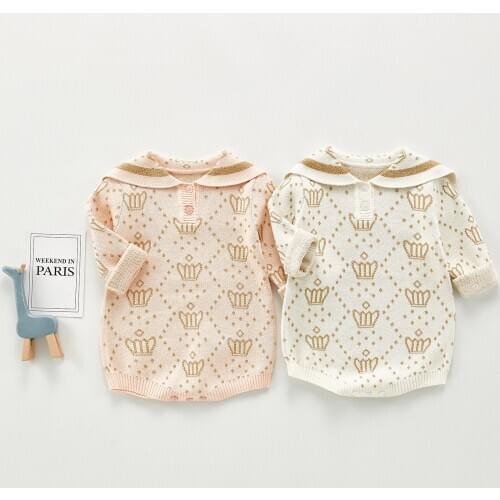 Ins Hot Sale Kids Girls Crown Pattern Long Sleeve Knit Romper