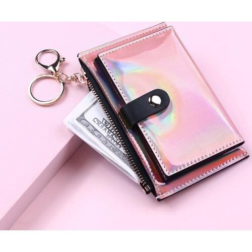 Laser Women Wallets Fashion Keychain Zipper Coin Purse Mini Small Money Bag Credit Card Holder Student Bus Card Holder