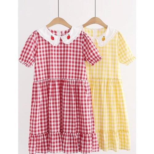Summer Teen Girls Casual Plaid Dress Women 2021 Cute Sweet Kawaii Vintage Doll Collar Short Sleeve Dresses Loose Yellow Vestidos