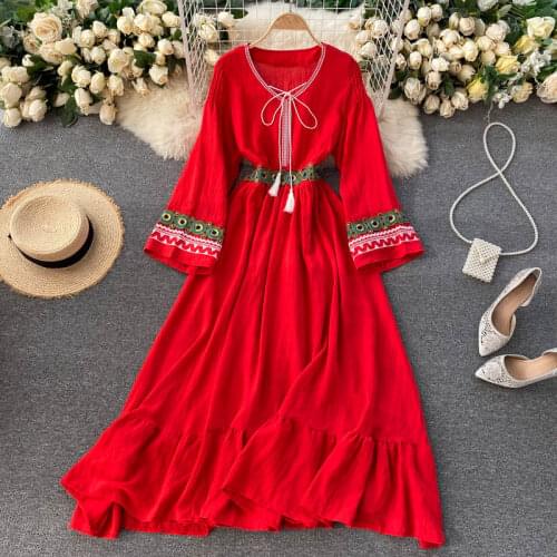 Summer Womens Dress Ethnic Style V-neck Embroidery Waist Dress New Casual Slim Female Long-sleeved Dresses HH042