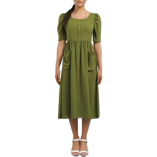 Summer Short Sleeve Button Maxi Dress Square Collar Women Dress Vintage Puff Sleeve Beach Sundress Long Dress with Pockets D30