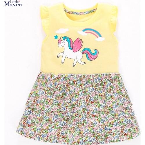 Little Maven 2021 New Summer Baby Girls Clothes Dress Toddler Cotton Cloud Rainbow Unicorn Floral Dresses for Kids 2-7 Years