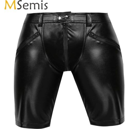 Black Mens Running Shorts Sexy Soft Leather Middle Pants Fitness Full Zipper Front Button Snap Closure Workout Gym Shorts