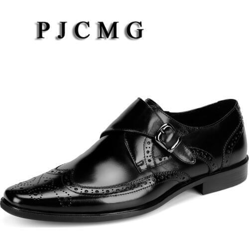 PJCMG High Quality Spring/Autumn Men Oxford Business Dress Carved Wedding Pointed Toe Buckle Strap Office Career Mens Shoes