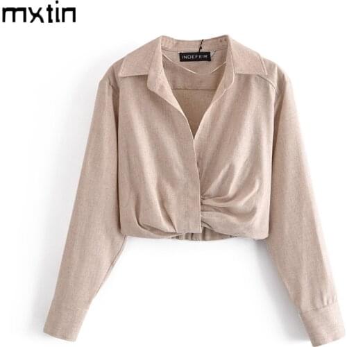 MXTIN 2021 Women Spring Fashion Solid Cropped Blouses Shirt Vintage Autumn Folds Long Sleeve Turn-down Collar Casual Slim Tops