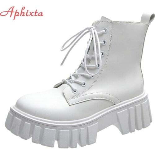 Aphixta 2021 New Autumn Winter Platform White Boots Women 5cm Thick Sole Leather Waterproof Round Toe Zipper Lace-up Shoes