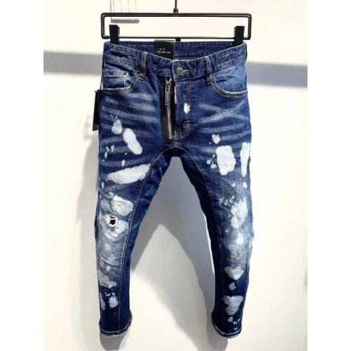 New Mens Skinny Jeans With Ripped Holes And elastic Paint Spray Blue Stitching Beggar Pants A393