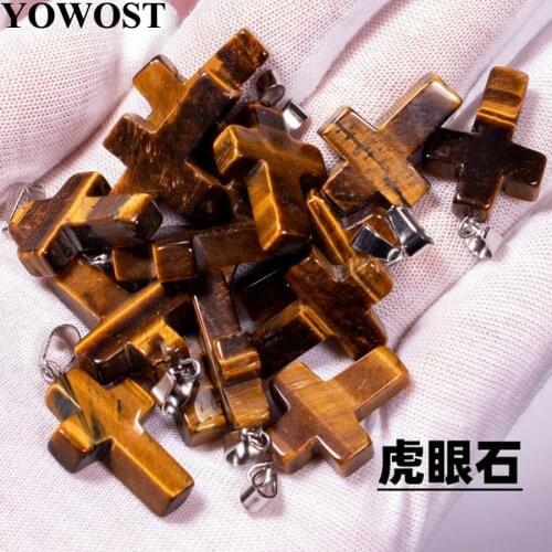 Wholesale 10Pcs/Lot Tigers Eye Natural Stone Charms Pendants Cross Shaped Dangle Beads QV0056