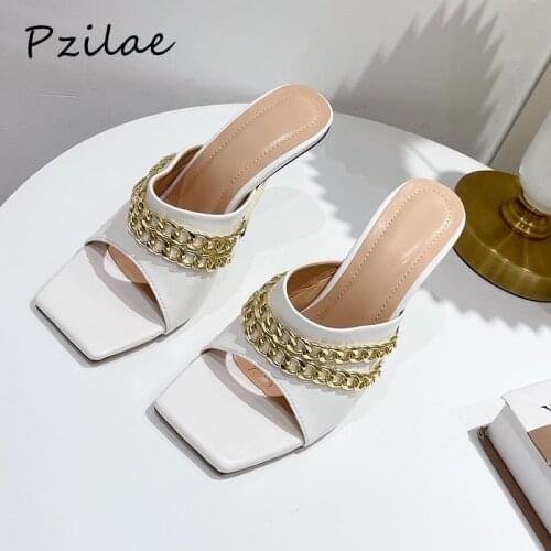 Pzilae New Sexy Ladies Shoes 2021 PU Leather Summer Metal Chain Women Slippers Square Toe High Heels Fashion Slides Party Shoes