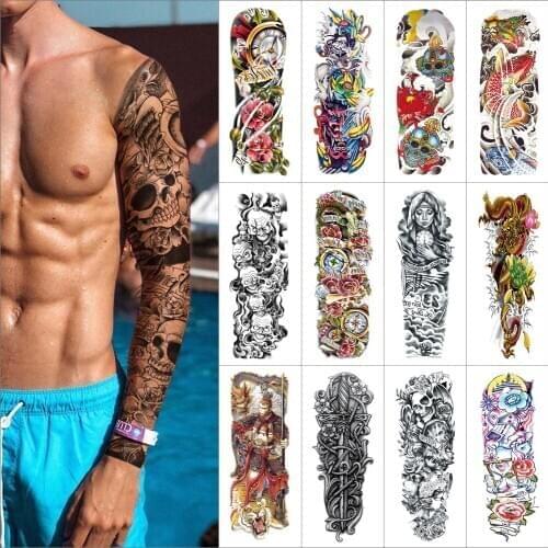 Temporary Full Arm Tattoo black dragon fish skull Waterproof fake tattoo large size Watercolor flowers Tattoo sleeves wen women