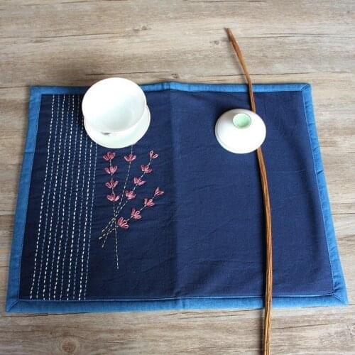 Japanese Artistic Child Embroidery Placemat Japanese Style Cherry Blossom Cotton Coaster Cotton Linen Heat-Resistant
