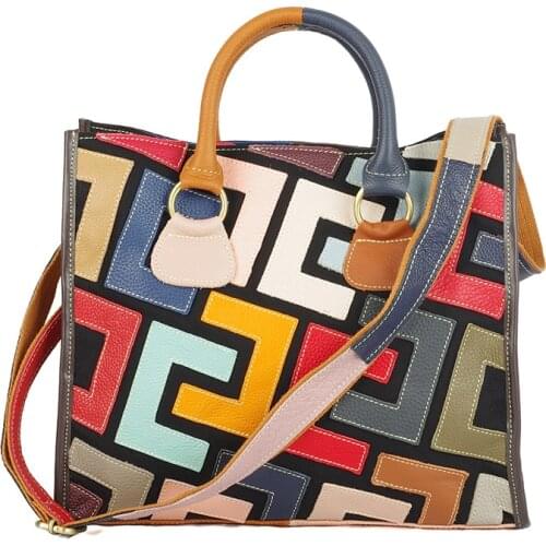 2021New Ladies Casual Tote Hand Bags Large Capacity Genuine Leather Women Party Colorful Fashion Big Patchwork Shoulder Bag