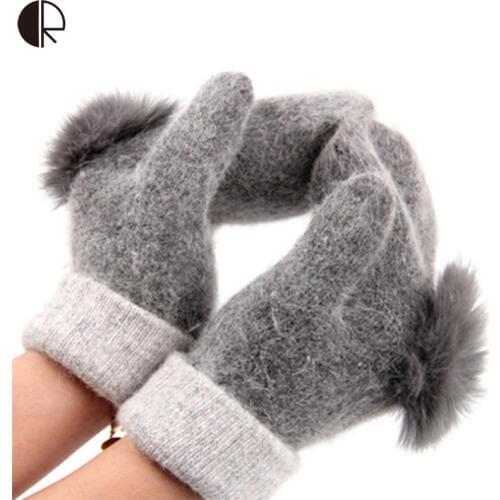 Womens Fashion Warm Winter Gloves 100% Wool Rabbit Ball Casual SolId Mittens 6 Color Drop Shipping AT175