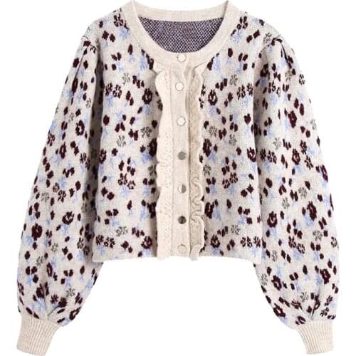 2021 New Women Fashion Jacquard Cropped Knitted Cardigan Sweater Vintage Lantern Sleeve Buttons Female Outerwear Chic Tops