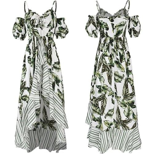 TEELYNN Boho dress for women cotton floral floral Leaf print beach summer dresses sexy sleeveless off shoulder irregular dresses