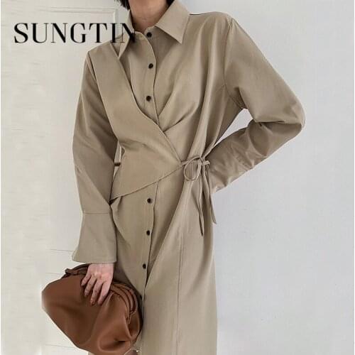 Sungtin Single Breasted Long Shirt Dress Sashes Irregular Design Dress Spring Autumn Solid Korean Chic Casual Vestido De Mujer