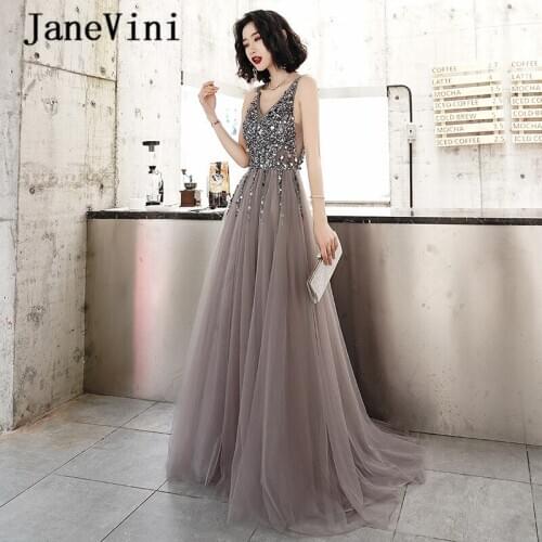 JaneVini Deep V Neck Long Prom Dresses Plus Size 2020 Sexy Sleeveless Tulle Formal Dress with Beaded Backless A Line Party Gowns