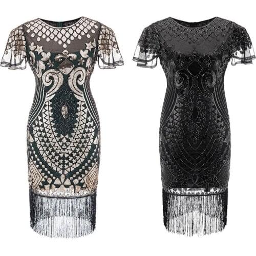 Womens 1920s Vintage Flapper Great Gatsby Party Dress Short Sleeve Sequin Fringe Midi Dresses Accessories Art Deco Embellished