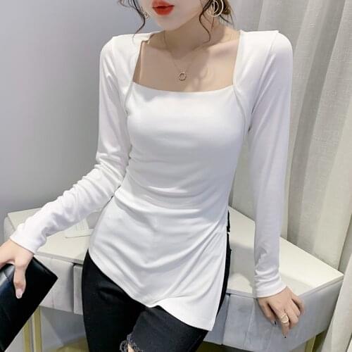 #8513 Black White Leopard T Shirt Women Square Collar Asymmetrical Top T-shirt Female Long Sleeves Slim Side Split T Shirt Slim
