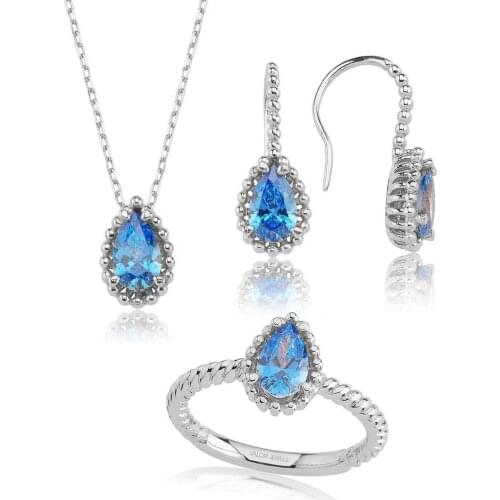 Valori Jewels 3 Carat, Zirconia Fancy Blue Pear Gemstone, Rhodium Plated, Sterling Silver Trio Set